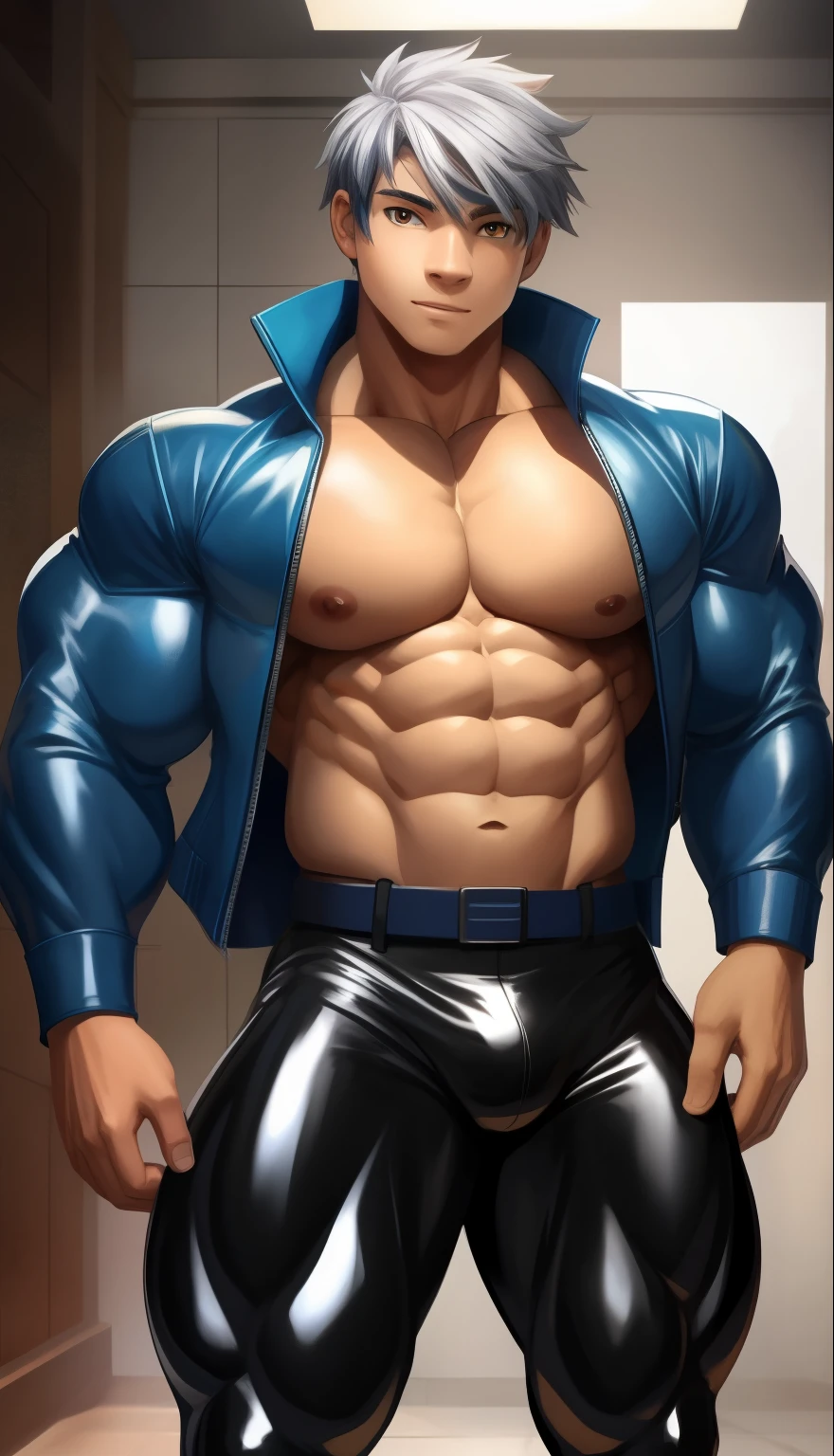 A ( face) 15 year old teen (15 yearsttractive boy, standing, full body. Mexican ethnicity. tanned skin, silver white hair, short hair bangs that fall on both sides of his youthful face. carefree expression, young man, alone, marked muscles, beautiful musculature, aesthetic stretch marks, inspiring physique, slender muscles, square pecs, beautiful V-cone, excellent abs and torso, chiseled abs, pectorals chiseled, perfect massive muscles, inflated muscles, voluminous pectorals, massive muscular body, a huge gigantic chest with a narrow waist, huge shoulders, ridiculously well-shaped large pecs, eight chiseled abs, (very toned and huge) with his military haircut and voluminous neck, narrow waist, golden eyes, young face, beautiful, young. Teen muscular young builder with extraordinary and firm back, chiseled muscles, rhomboid muscles, latissimus dorsi. Gigachad. He wears a blue leather jacket (BLUE JACKET) that reaches the height of his ribs and is open. (Bare torso) and tight black latex pants, he does not use a belt. He is shirtless under his jacket, which highlights his prominent abs and pectorals. He doesn't wear a belt. His muscles stand out. Ruins of a Jedi temple background. Standing, full body. (((Back))) huge, firm and muscular thighs, round buttocks and round butt with back, huge ass ((firm buttocks)) with big butt. (((black latex pants))) (((Exposed muscular torso. Open blue jacket.)))