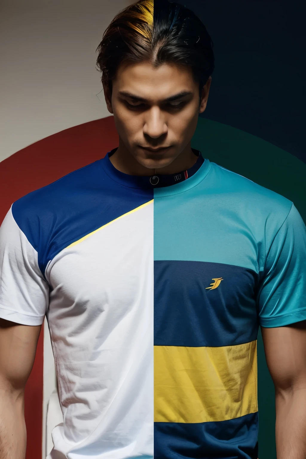 Collar T shirt Mockup. Based color of shirt Blue. Stripe on left with Red color. Stripe on right is Green Color. Striking thunder across the shirt with yellow color. Front shirt show wording " Shah Pekan Homecoming "