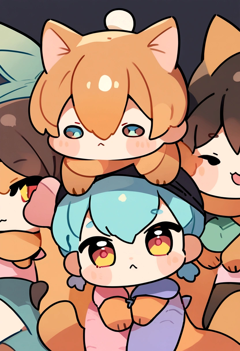 List of illustrations of cute tortoiseshell cat poses, chibi characters, display several side by side, cute colors and poses, best image quality