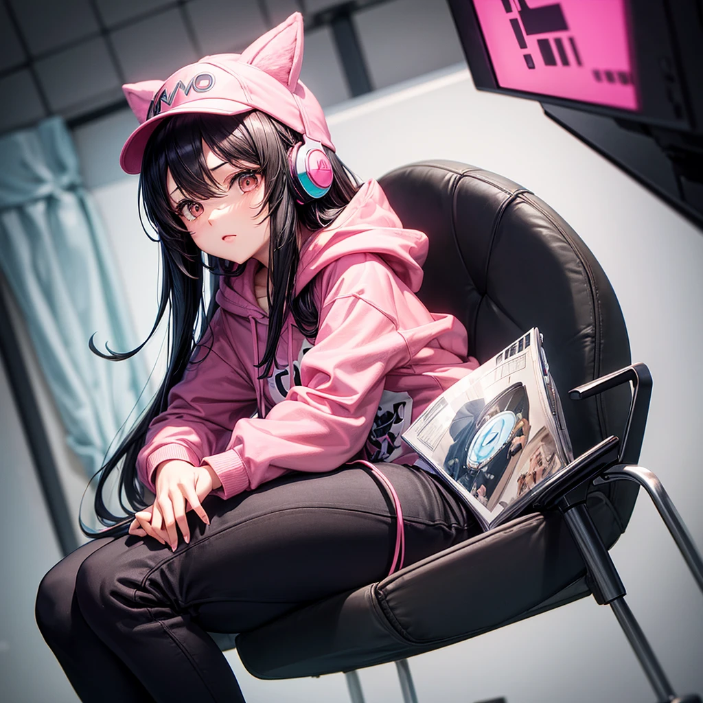 ((best quality)), ((masterpiece)), (detailed), Girl with long black hair ,Anime,pink hoodie, headphones on head, sitting on gaming chair, wearing a cap with letter (y), wearing black pants