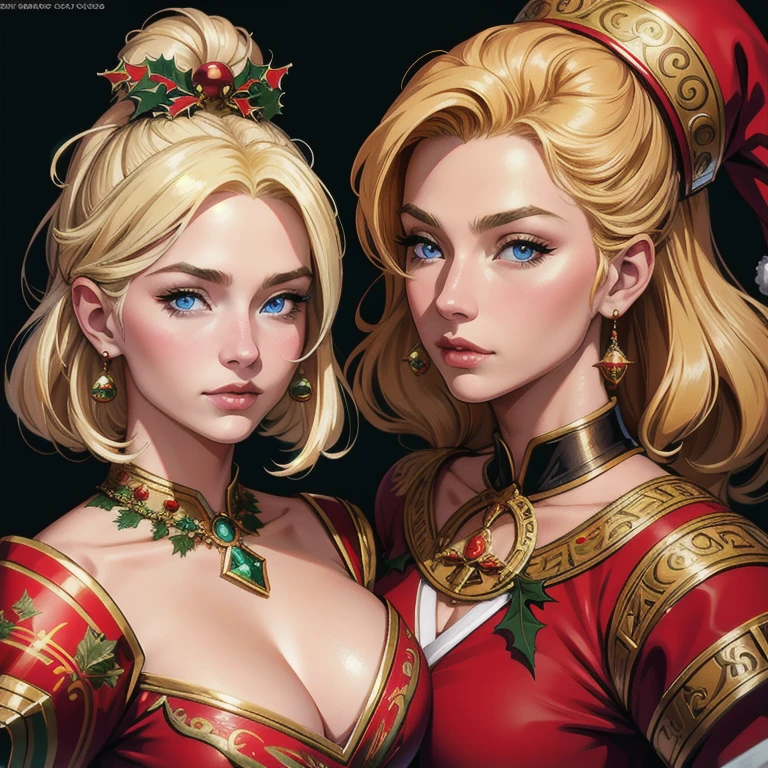 a beautiful portrait of empress, hair blonde, perfect blue  eyes, with a brilliant, impossible to reach the big Christmas helmet, Santa Claus clothes, all Christmas, neve, Symmetrical, dramatic studio lighting, rococo, Baroque, greens, Asian, Hyper-Realism, close up, d&d, fancy, intricate, chic, highy detailed, digitalpainting, art station, octane rendering, 8K, conceptual artwork, mattey, sharp focus