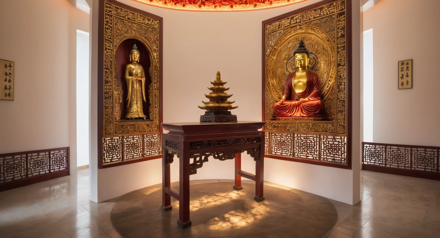 (masterpiece:1.2), (best quality,:1.2), 8k, HDR, ultra detailed, ((photorealistic)), professional light, cinematic lighting, fashion photography, ambient lighting, atmospheric effects, a round altar in the middle of a small temple with CHINESE BUDDHIST on it, epiCPhoto, ((white wall :1.3))