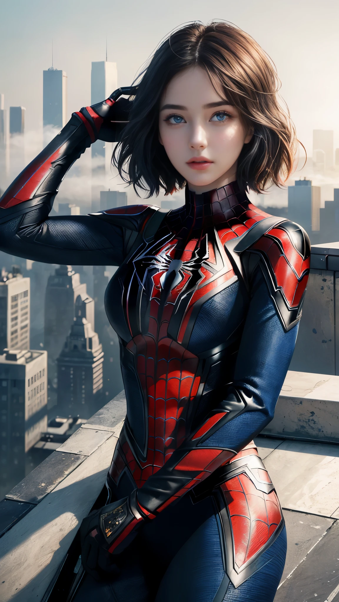 (1girl:1.3), Solo, (((Very detailed face)))), ((Very detailed eyes and face)))), Beautiful detail eyes, Body parts__, Official art, Unified 8k wallpaper, Super detailed, beautiful and beautiful, beautiful, masterpiece, best quality, original, masterpiece, super fine photo, best quality, super high resolution, realistic realism, sunlight, full body portrait, amazing beauty, dynamic pose, delicate face, vibrant eyes, (from the front), She wears Spider-Man suit, red and black color scheme, spider, very detailed city roof background, rooftop, overlooking the city, detailed face, detailed complex busy background, messy, gorgeous, milky white, highly detailed skin, realistic skin details, visible pores, clear focus, volumetric fog, 8k uhd, DSLR, high quality, film grain, fair skin, photo realism, lomography, futuristic dystopian megalopolis, translucent, eyes looking at the camera, big , short hair