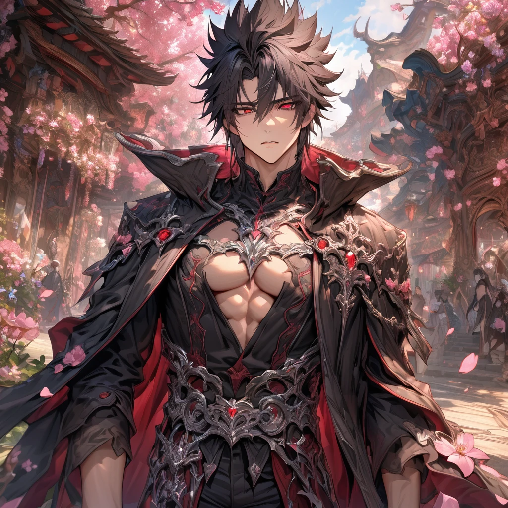 absurdres, highres, ultra detailed, HDR, master piece, best quality, Kaerius, black hair, spiked hair, hair between the eyes, expressive red eyes, Dream and Legacy, solo, sexy man, handsome, black coat, black tight T-shirt, belt around his chest, silver accessories, fantasy, pink flowers, blossoms, magical, pink petals