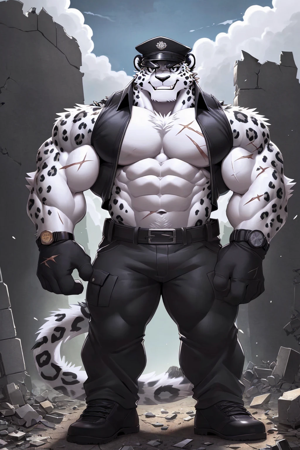 (sfw:1.5), male focus, soldier, Handsome 1boy, solitary，protrait photo, (Black thick eyebrows, Black nose:1.3)，single, White skin, (White tail:1.4), (Perfect black eyes:1.4), (White body:1.3),(White belly, White chest, White inner arm:1.3), (Black leopard spots:1.4), 
White Leopard, feet, lion, lion boy, lion body, (evil eyes, evil look, large eyes:1.4), (Leopard tail:1.4), (Chubby, The body is huge, Larger face:1.4), (Lots of scars, lots of scars, Lots of scars:1.4), (Bare neck:1.3), 
(black military uniform:1.3), (black military uniform裤, military trousers:1.3), (Black short-sleeved uniform, Black gold uniform:1.4), (Wearing clothes:1.4), (uniform :1.5), (Black gold belt:1.4) ,(black military cap:1.4), (black military shoes, Black short shoes:1.3), (watch:1.5), (short glove, Black gloves:1.4), 
(full body:1.3), (Mature men:1.4), (Strong body, Large size, Strong and exaggerated body, Huge size:1.5), (Strong body, muscle,Strong male, muscle男:1.4), 裸露的Abdominal muscles, Bare chest muscles, (Red nipples:1.1), (Abdominal muscles:1.4),  (belly button:1.1), (Thick arms, Strong and strong legs, Strong legs:1.4), (look up, Standing:1.3), (Looking at the audience, Focus, Eyes gaze:1.2), (arrogant, Disdain, conceited, despise, Contempt, despise, laugh at:1.4), (evil smile, evil grin, Smirk:1.4), 
full background, (ruins, , rubble, gravel, wood chips, Broken buildings, Gunsmoke:1.3), daytime, (Gray sky, cloudy day, dark clouds:1.2), 
Mysterious and romantic atmosphere, Caustic lines(refraction, polarization)Perfect anatomical structure, absurd, Detailed background, (Delicate eyes:1.3),Printing style。((artist:Takemoto Arashi))