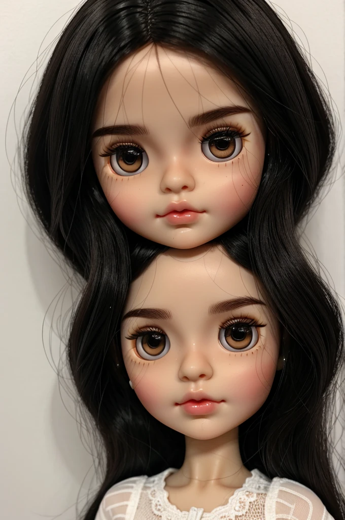blythe doll straight black hair, medium dark brown eyes, long eyelashes, White skin , no bangs, mole on the left side of the eyebrow, heart shaped lips