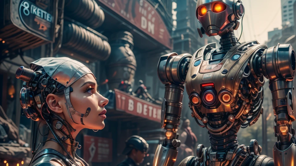 there are two robots that are standing next to each other, machines and futurist robots, death and robots, robot cyborgs, dieselpunk cyborgs, cyber steampunk 8 k 3 d, humanoid robots, still from alita, movie still of aztec cyborg, futuristic robots, from a 2 0 1 9 sci fi 8 k movie