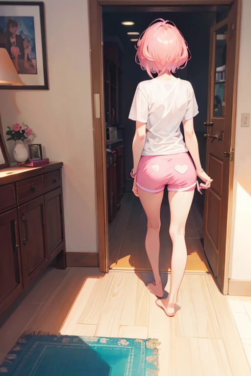 Disney Pixar style, cute girl with short pink hair with bangs, wearing a white shirt and pink shorts, back view, leaving the room through the door, barefoot, realistc, 8k