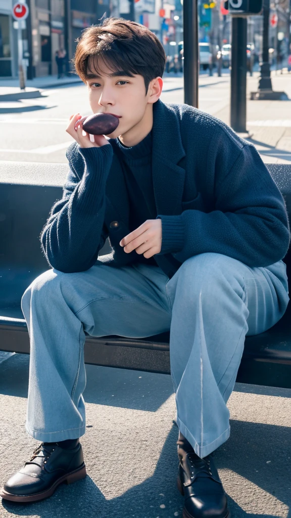 Photorealsitic, 8K full body portrait, a handsome, An 18-year-old man, A charming expression, TOKYOcty, Winters, Shibuya in the background, Man eating black beans on light blue plate 