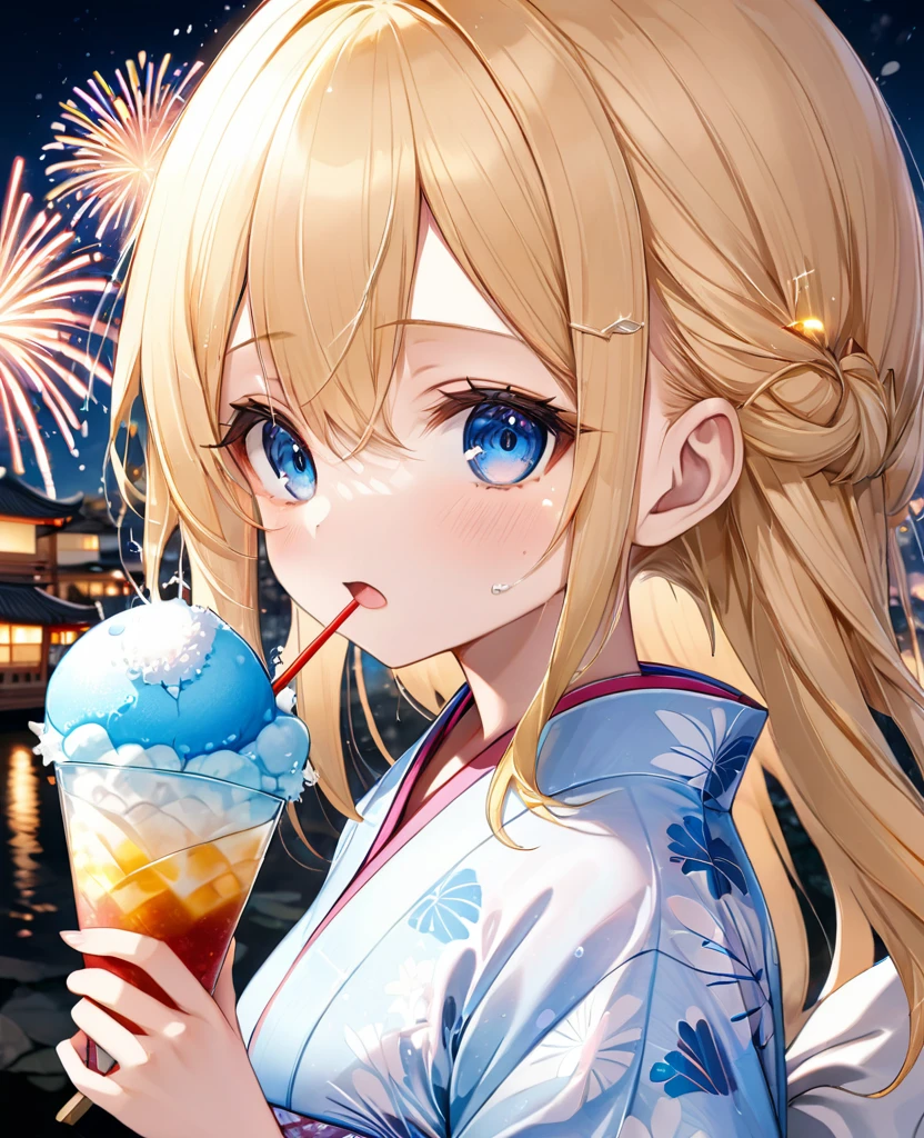 (masterpiece, best quality:1.2), (absurdres, highres, ultra-detailed), (perfect anatomy), 
Beautiful woman、Cute yukata、firework、Blonde、Blue inner color、Fluffy longhair、Pupil water、Sparkling、night、shaved ice

(8K, RAW photo:1.2),detailed face and eyes,intricate detail ,masterpiece ,sharp focus, high quality,BREAK,rating: general, newest