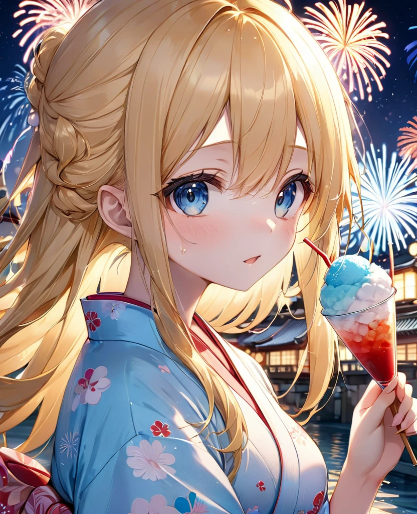 (masterpiece, best quality:1.2), (absurdres, highres, ultra-detailed), (perfect anatomy), 
Beautiful woman、Cute yukata、firework、Blonde、Blue inner color、Fluffy longhair、Pupil water、Sparkling、night、shaved ice

(8K, RAW photo:1.2),detailed face and eyes,intricate detail ,masterpiece ,sharp focus, high quality,BREAK,rating: general, newest