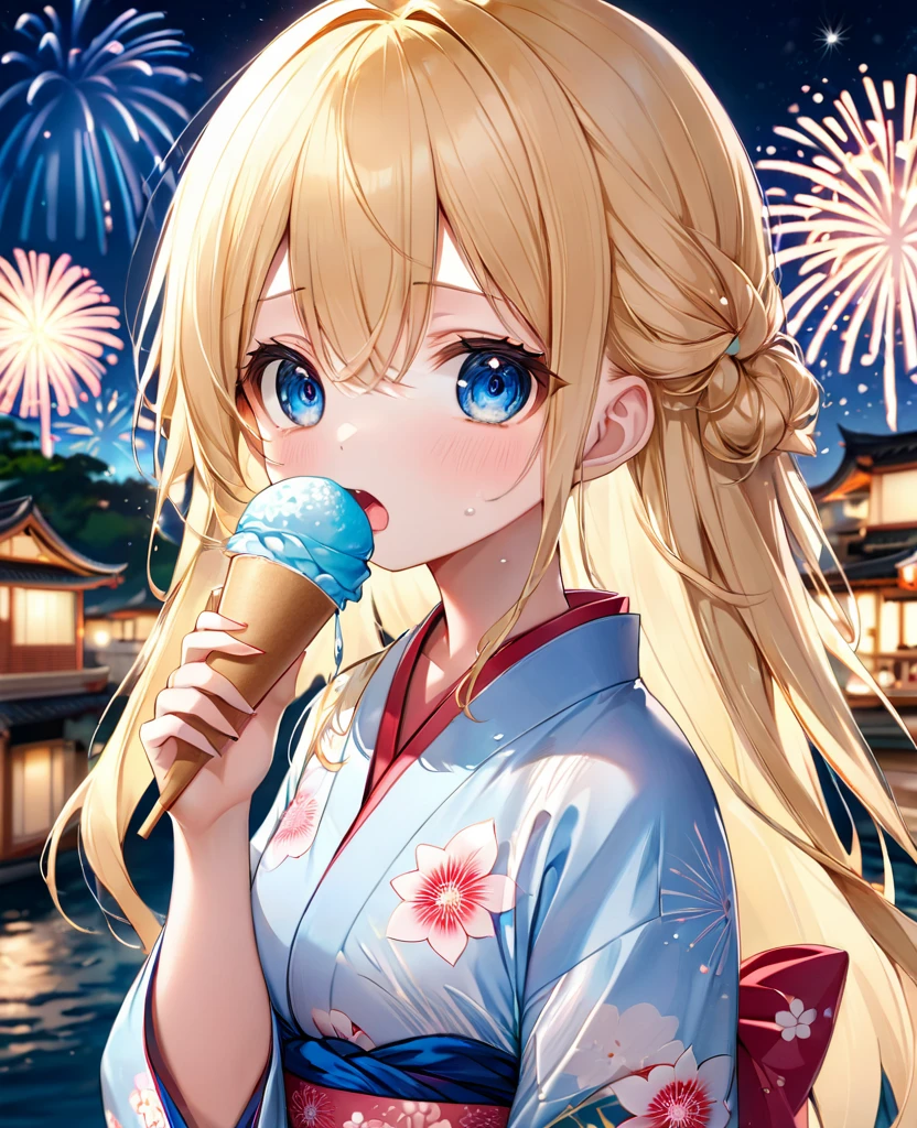 (masterpiece, best quality:1.2), (absurdres, highres, ultra-detailed), (perfect anatomy),
Beautiful woman、Cute yukata、firework、Blonde、Blue inner color、Fluffy longhair、Pupil water、Sparkling、night、shaved ice
(8K, RAW photo:1.2),detailed face and eyes,intricate detail ,masterpiece ,sharp focus, high quality,BREAK,rating: general, newest