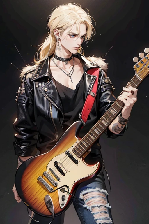 masterpiece, best quality, 1 male, adult, upper body, blond neck-length hair, guitarist, serious expression, punk outfit, black jacket, long ripped jeans, pierced ears, metal necklace, rock band t-shirt, modern, city night, ((holding electric guitar)), urban background, punk outfit, black jacket, long ripped jeans, pierced ears, metal necklace,