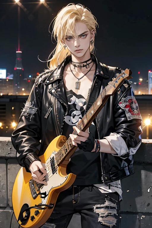 masterpiece, best quality, 1 male, adult, upper body, blond neck-length hair, guitarist, serious expression, punk outfit, black jacket, long ripped jeans, pierced ears, metal necklace, rock band t-shirt, modern, city night, ((holding electric guitar)), urban background, punk outfit, black jacket, long ripped jeans, pierced ears, metal necklace,