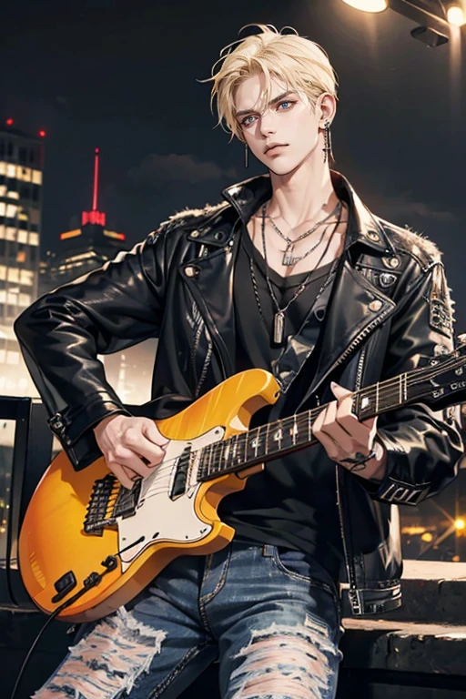 masterpiece, best quality, 1 male, adult, upper body, blond neck-length hair, guitarist, serious expression, punk outfit, black jacket, long ripped jeans, pierced ears, metal necklace, rock band t-shirt, modern, city night, ((holding electric guitar)), urban background, punk outfit, black jacket, long ripped jeans, pierced ears, metal necklace,