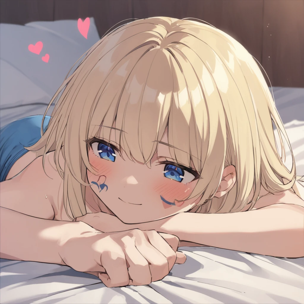 boy, Blonde Blue Eyes Pink Heart Drawn on Cheek, Lying in Bed Without a Shirt Just Wearing Blue Boxer Shorts, volume in underwear, shy smile, defined body.