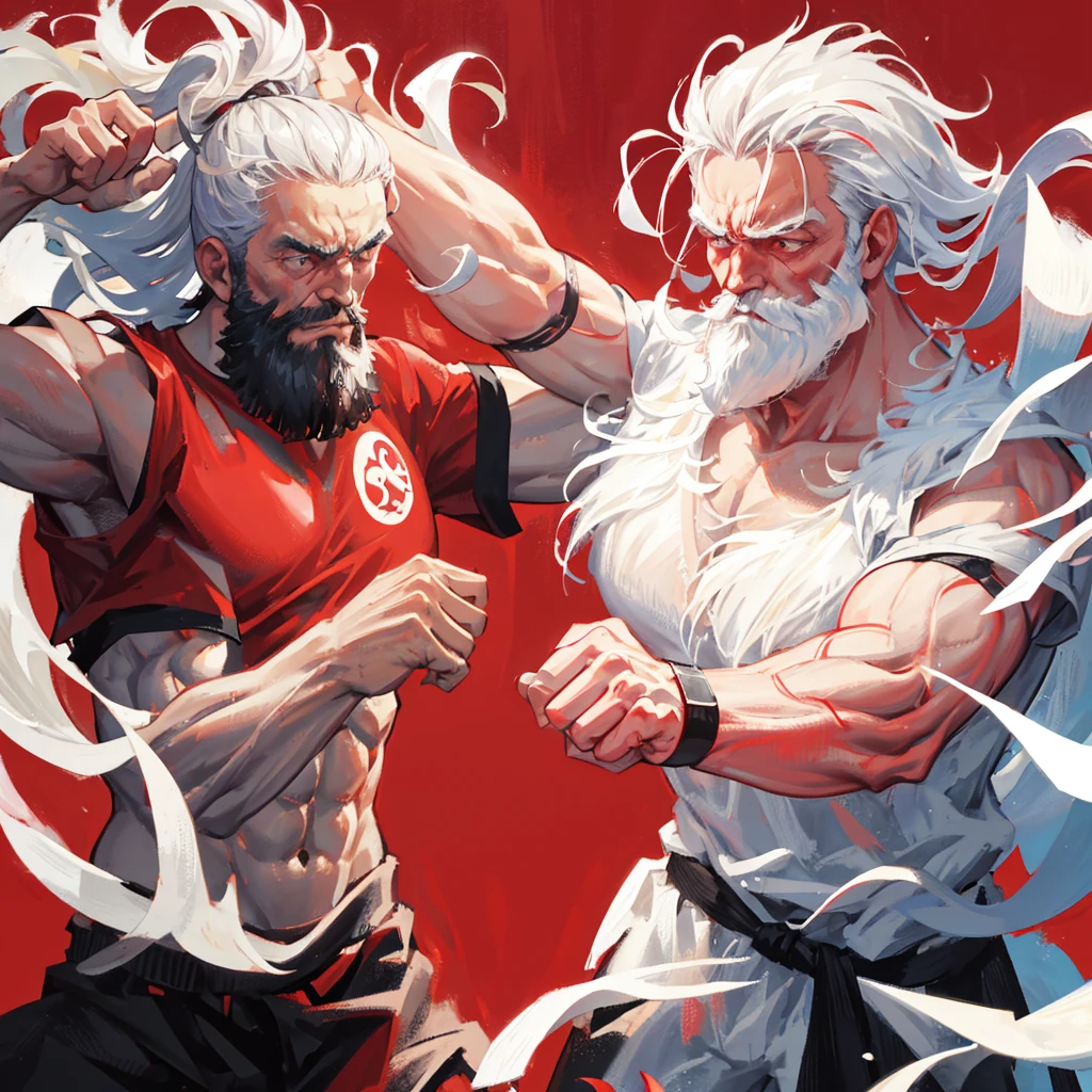 An old man,strong,High martial arts,Beard,White hair,Boxer,Chinese martial arts,((Pure red background))