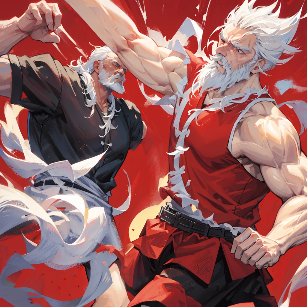 An old man,strong,High martial arts,Beard,White hair,Boxer,Chinese martial arts,((Pure red background))
