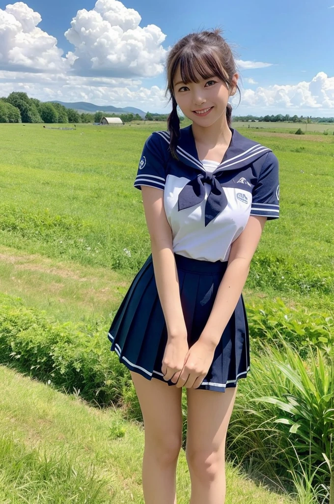 girl standing in rural field on far side,cumulonimbus cloud in summer blue sky,train,sailor shirt and navy blue pleated skirt,18-year-old,bangs,a little smile,thighs,knees,wet short hair with low pigtails bunches,from beside,front light
