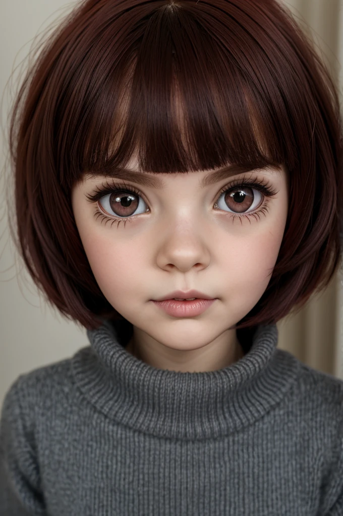 Blythe doll with short dark red hair with bangs, large eyes, small nose, mouth piercing , the camera from above, with a gray sweater on
