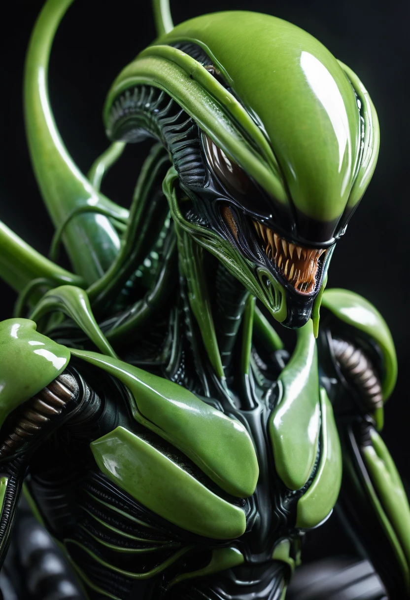(((Extreme close-up Xenomorph Alien the eighth passenger fused with a humanoid praying mantis,(((Color Splash front images)))
