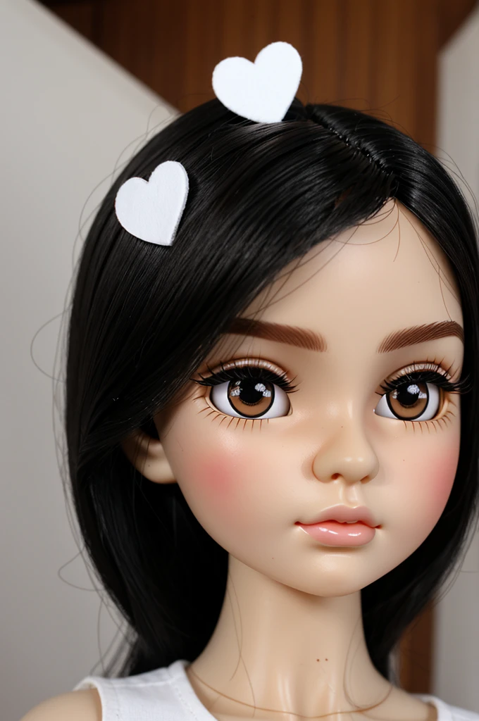 blythe doll straight black hair, medium dark brown eyes, long eyelashes, White skin , no bangs, mole on the left side of the eyebrow, heart shaped lips