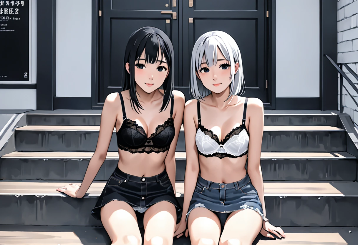 ((Highest quality, masterpiece, freak, Super Resolution)), ２People Girls、Sitting on the steps in front of the station、 Spread your legs、blush、from the front、Denim tight mini skirt、Black and white lace panties、 Black and white lace bra
