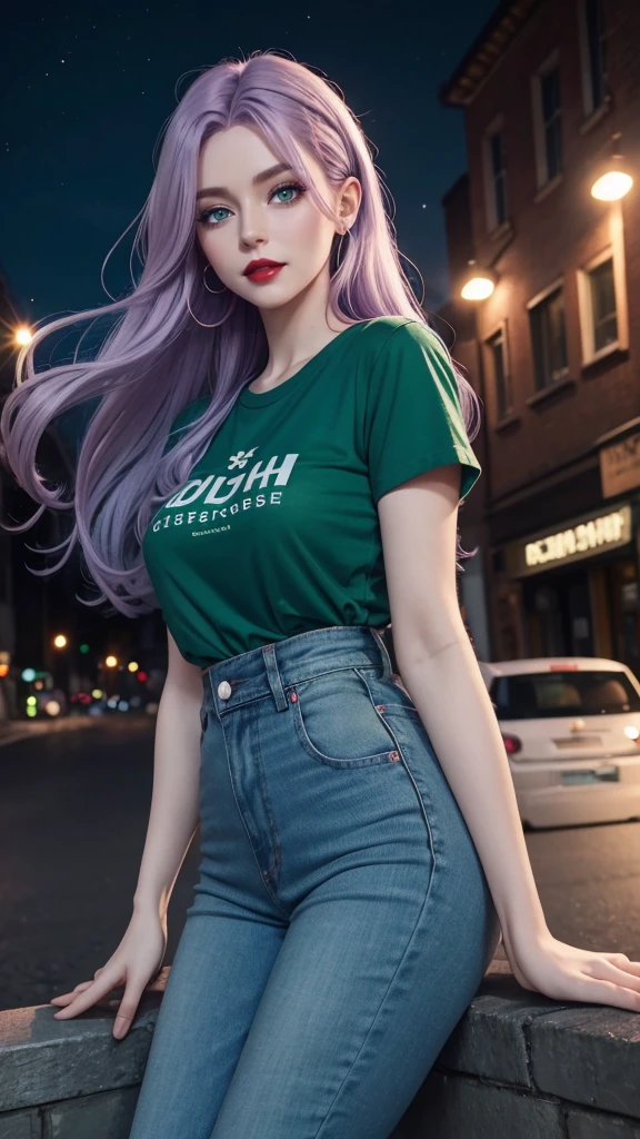 Irish  woman, anime, cute, beautiful, high quality, night, 8k, long waist length light pale purple hair, green eyes, red lips, eyelashes, (blue) t shirt, blue jeans