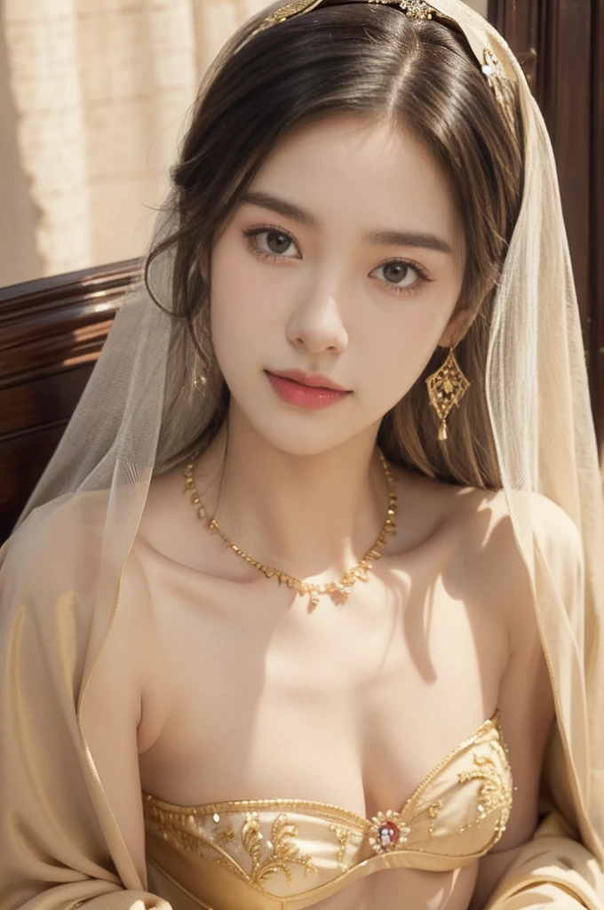 (((best quality))),(((ultra detailed))),(((masterpiece))),illustration,1girl, solo,princess, Arabic,slim,thin,flat chest,small breasts, ((palace, desert)), gold, gemstones,headscarf, veil on face,strapless white sheer traditional bra, hairband, deep eyes, elegant face, subtle smile,earrings,necklace, sunlight, shining, serene, environment,day scene,outdoor,((close-up of face,from front))