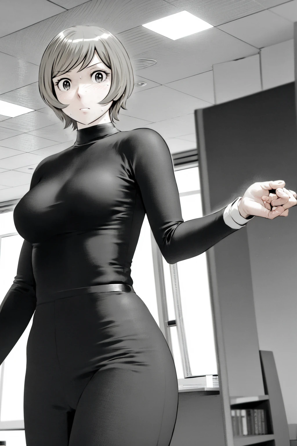 、(masterpiece、Highest quality)、Highest quality, Ultra-high resolution, (((masterpiece))), alone, Sweat、Big eyes,office、Tight white dress shirt、Tight black suit、Tight black pants、indoor、Composition from the front、(Cut the back hair short、short hair、blonde、woman)、Shortcuts、Embarrassed face、Cut your hair short、可愛いwomanの子、Big Breasts