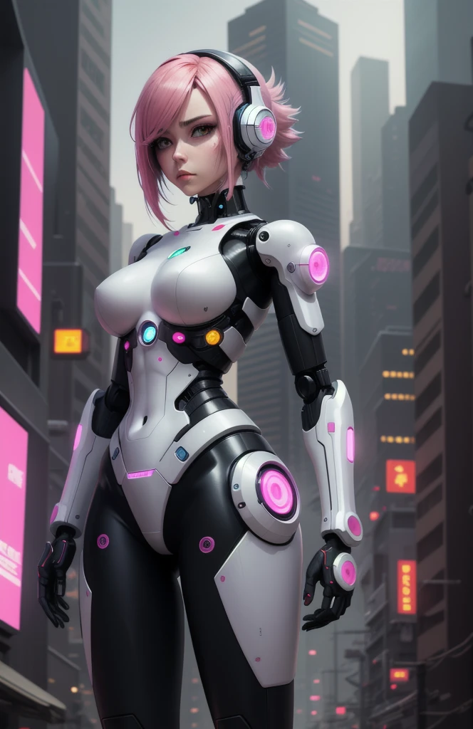 Robot Girl Android Sad Woman Beautiful girl Cyborg Sadness Anime Style Background Cyberpunk Space city pink hair Lower part of the human body