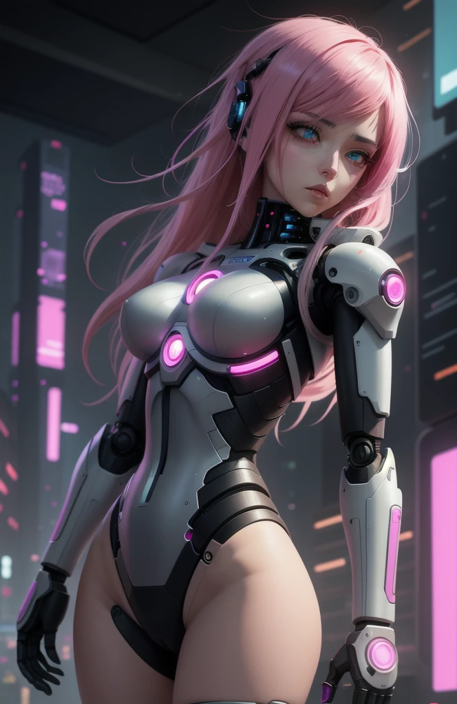 Robot Girl Android Sad Woman Beautiful girl Cyborg Sadness Anime Style Background Cyberpunk Space city pink hair Lower part of the human body