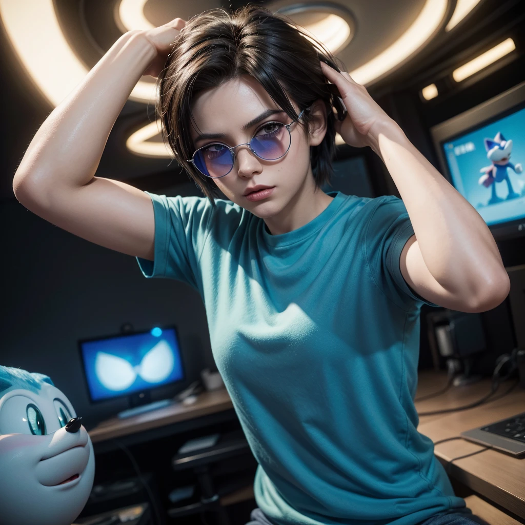 Cartoon character of a Sonic hedgehog in sunglasses and blue shirt, animation character, stylized character, animation style rendering, 3d stylized, Arnold Maya rendering, Stylized 3D rendering, toon render screenshot, 3d character, 3d character, Stylized 3D rendering, 3D character rendering, cartoon character, Personagem de close up, character posing,  (Pixar-style) (master part:1.2) (bokeh) (best qualityer) (skin detailed) (detailed texture) (8K) (Argilla) (cinematic lighting) (sharp focus