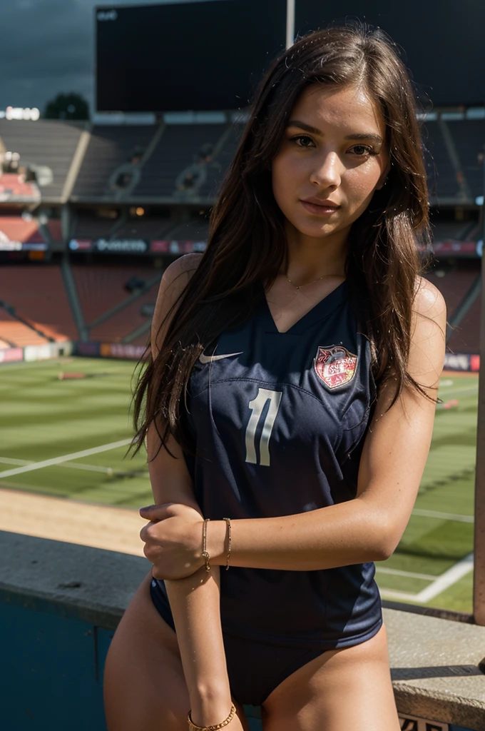 1girl in, 30 years old, Square face, Long hair, Looking at the viewer, jewelry, Realistic, Sexy, soccer team outfit, field background - stadium - stands, freestyle pose