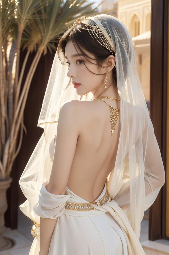 (((best quality))),(((ultra detailed))),(((masterpiece))),illustration,1girl, solo,princess, Arabic,slim,thin, ((palace, desert)), gold, gemstones,headscarf, veil on face,white sheer traditional clothing, hairband, deep eyes, elegant face, subtle smile,earrings,necklace, sunlight, shining, serene, environment,day scene,out door,standing,((upper body,from back)),((bare back,towering hips,butt crack))
