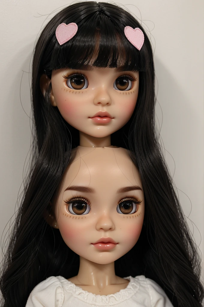 blythe doll straight black hair, medium dark brown eyes, long eyelashes, White skin , no bangs, mole on the left side of the eyebrow, heart shaped lips 
