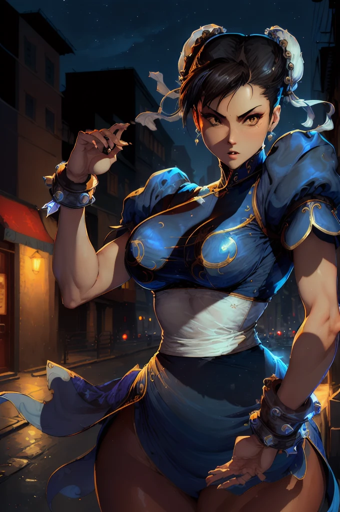 ((masterpiece,best qualtiy)),1girl,solo,ChunLi,upper body,beautiful night street background

