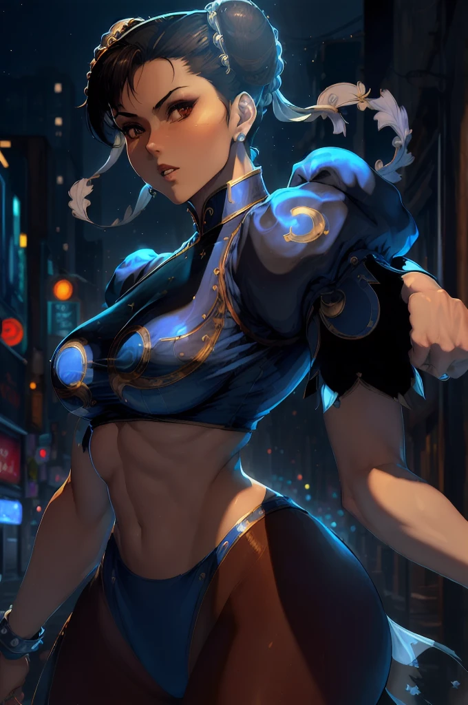 ((masterpiece,best qualtiy)),1girl,solo,ChunLi,upper body,beautiful night street background