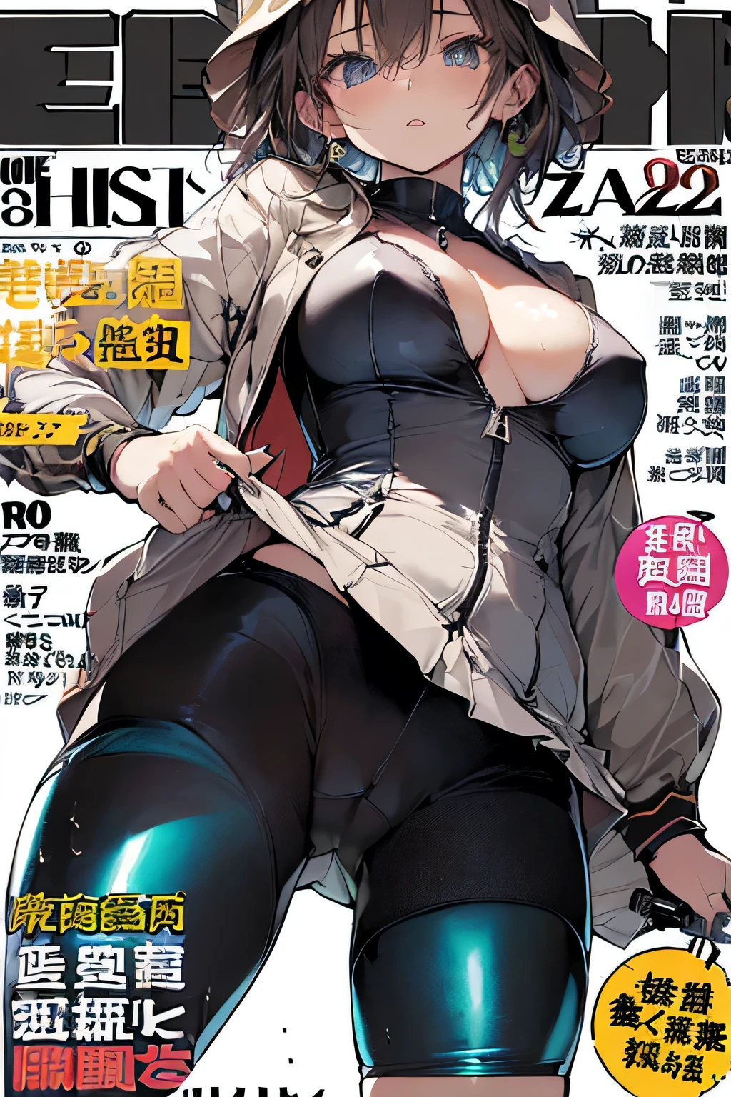 (Magazine Cover:1.8)、(((Perfect photo))), One Girl, alone, , Azusa Nakano, , Jacket, View your viewers, Impressive eyes、SFW with hidden breasts, Big ample breasts!, SFW Big, Beautiful and seductive anime woman, Big ample breasts!!, Bust ratio adopted, Highest quality, Official Art, Best Anatomy, ((Super shiny bike shorts,:1.5))、Glowing Skin、Cowboy Shot, (From belowの超クローズアップ)、(From below、Between the legs,Focus the head, chest and legs in the center of the screen.:1.8)、(Extremely colorful、colorful)