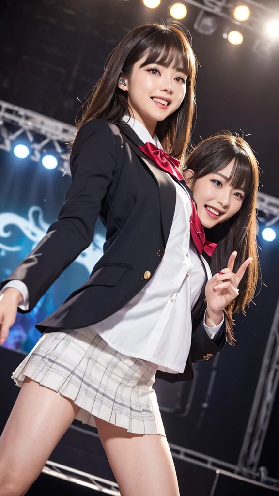 (超Realisticな)、(Awareness-raising)、(High resolution)、(8K)、(Very detailed)、(ベストAwareness-raisingレーション)、(Beautiful and detailed eyes)、(Highest quality)、(Super detailedな)、(masterpiece)、(wall-）、（Detailed face）、solo、1 Girl in、View your viewers、Fine details、Detailed face、Dark Night、Deep Shadow、Low Key、Pure  Face Ace_v1、Laughter、length、Black shawl straight hair、46 point diagonal bangs,Female student、(白いblazer胸囲)、Translucent white blouse、red bowtie、(Brightly colored mini skirts,Plaid)、Laughter,8K, Highest quality, 超High resolution, Tabletop, Realistic, Realistic, High Contrast, Photon Mapping, The real picture, Super detailed, Low angle: 1.5, 1 Girl, soloで: 1.5, whole body, ((Night concert venue stage: 1.5)), Kpopstar, Kpop idol, Dressing up in K-POP style, , Open your legs forward, Flashy makeup, blazer: 1.3, Short skirt: 1.3, blazerとスカートにHigh heelsを履く, tie, Thursday: 1.3, barefoot, High heels, M-shaped legs: 1.3, Open your legs 180 degrees, : 1.3, length hair with brown hair, White panties: 1.5, Panties visible from under the skirt: 1.3, 身length高い, 身length170㎝, きれlengthい足: 1.2, Textured skin