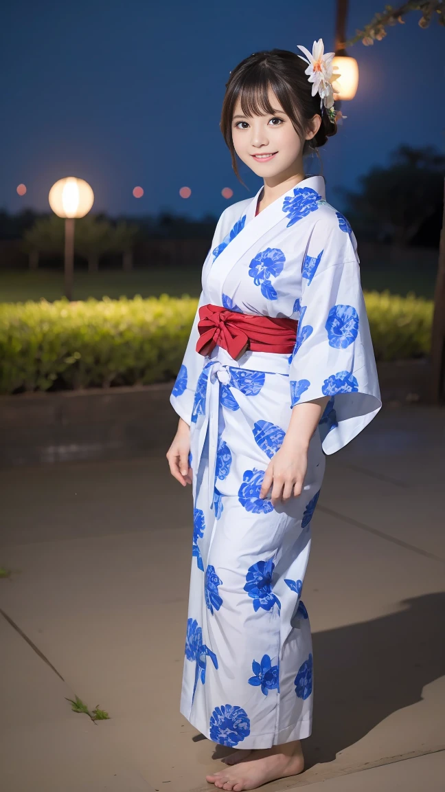 Full Body、Beautiful yukata girl、 The background is a rural night Bon Odori dance