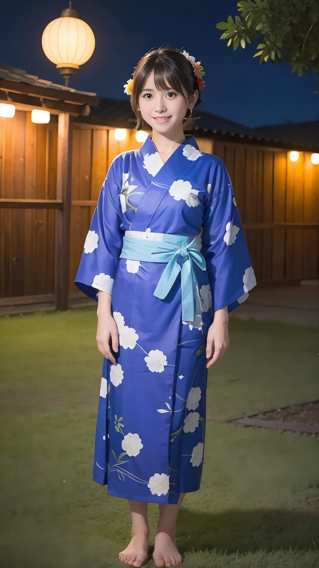 Wearing clogs、Full Body、Beautiful yukata girl、 The background is a rural night Bon Odori dance、Hello Kitty patterned yukata