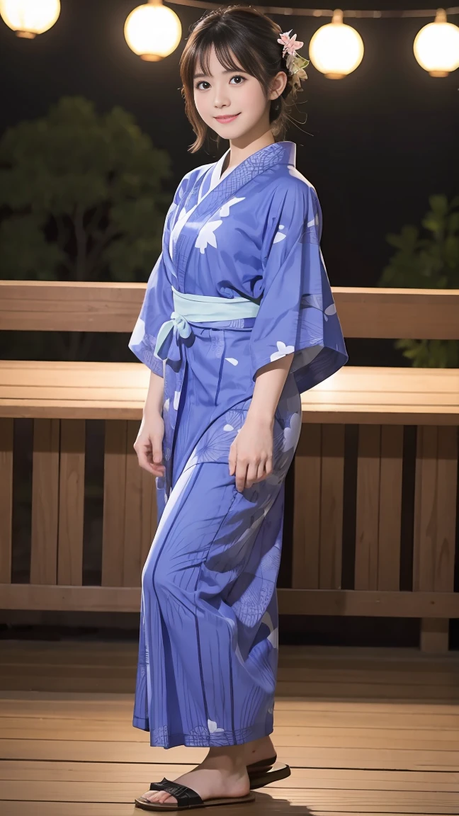 Full Body、Beautiful yukata girl、 The background is a rural night Bon Odori dance
