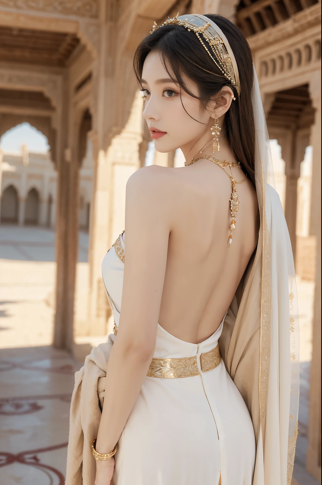 (((best quality))),(((ultra detailed))),(((masterpiece))),illustration,1girl, solo,princess, Arabic,slim,thin, ((palace, desert)), gold, gemstones,headscarf, veil on face,white sheer traditional clothing, hairband, deep eyes, elegant face, subtle smile,earrings,necklace, sunlight, shining, serene, environment,day scene,out door,standing,((upper body,from back)),((bare back,towering hips,butt crack))