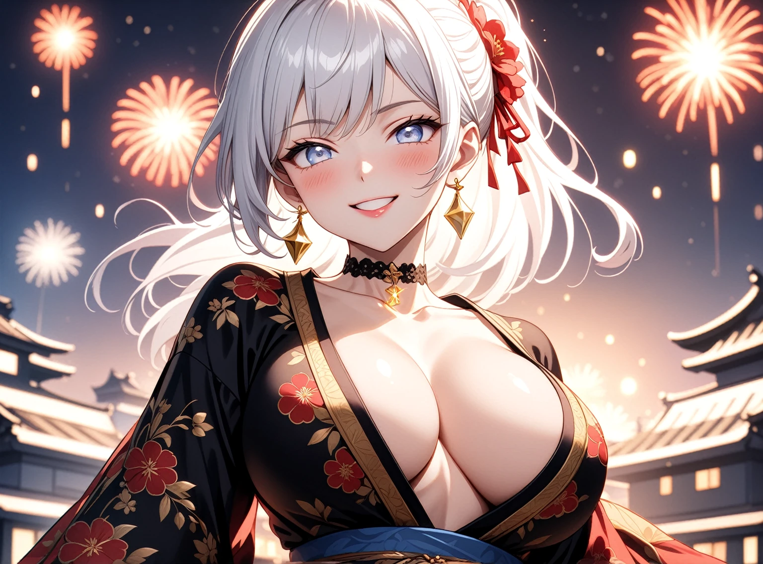 ((One personの女性)), Beautiful Face, (Laughing embarrassedly), (laugh:1.2),((Wink:1.9)), (head tilt:1.3), Laugh with your mouth wide open, upper teeth, looking down at viewer, ((Bright red cheeks:1.4)),Glossy Red Lips,rooftop, firework, Glossy red lips, Shining Face, ((Anime style background)),masterpiece, Highest quality, so beautiful,up to date, Complex details, (Pink long nails),(ring),(bracelet),(Floral choker),AI-generated, Complex,High resolution, Highest quality, super high quality,3D Images、3D Images,One person,Long white hair,High Ponytail, Anime woman posing for a photo,(blue eyes), ((Fine grain、Silvery white, lightly pigmented eyes、Shining Eyes:1.35)), (Squint your eyes:1.1),a hyperRealistic , hyperRealistic , Realistic,Anime woman with long white hair, Smooth anime CG art, A woman in a colorful kimono with gold embroidery, (Black long sleeve kimono),Red floral pattern,Long flower hair ornament,Earrings,Mature Body,(Big Breasts:1.1),Tall,Abdominal muscles,Tight waist, (front view),