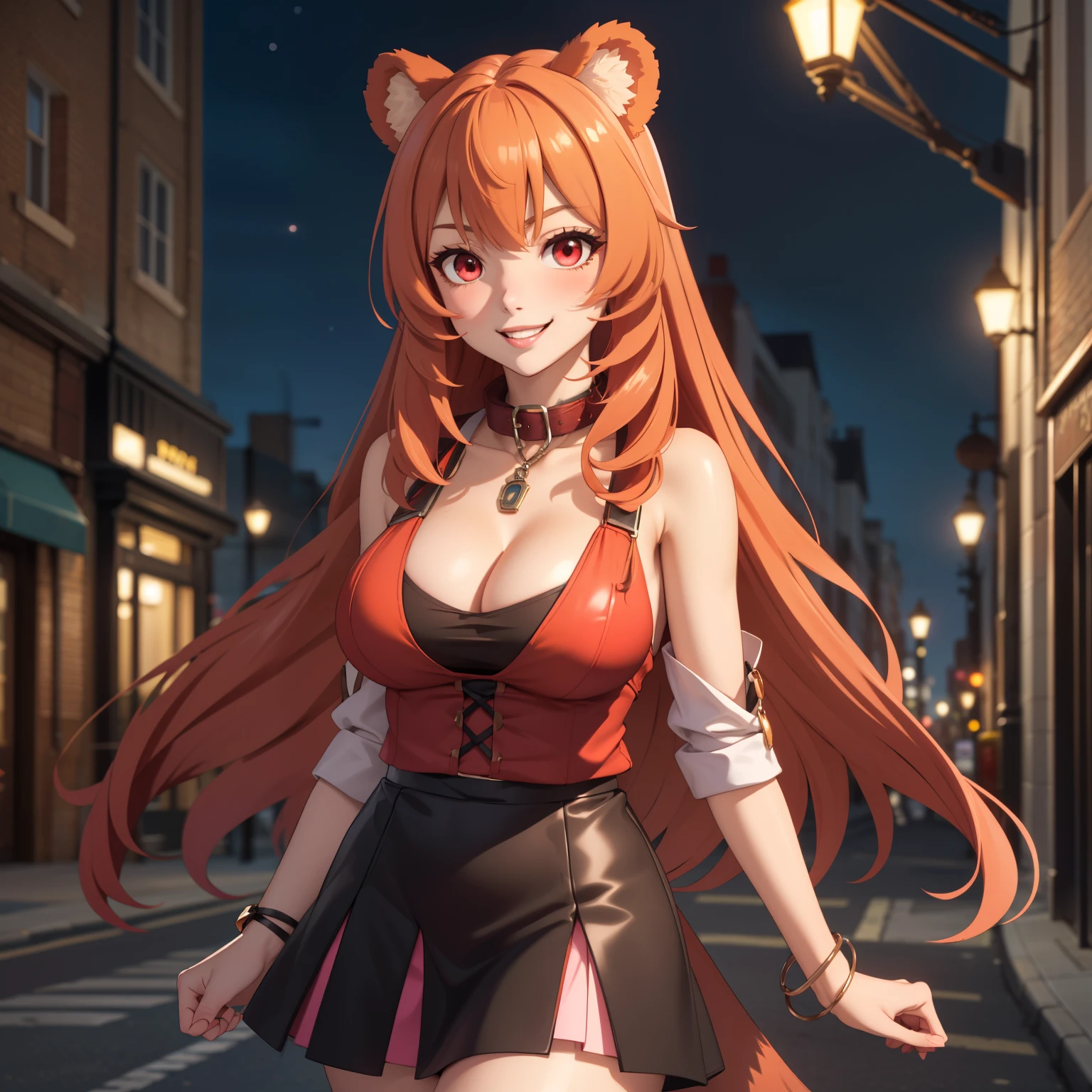 Raphtalia woman 35 years old floating straight orange hair , bear ears redondeadas, red eyes like ruby., flirtatious smile, pale skin, big breasts, modern clothing low cut short black top, short pink skirt, neckline, tops negro , bear ears, , background of a city streets London at night, collar, accessories.