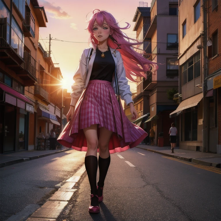 work of art, best qualityer, high resolution, absurderes, 1 girl, crowd, overskirt, pink  hair, gasai yuno, from low, revealing clothing, cutaneous dentition, plein-air, lighting sun, Street, gazing at viewer, blush,