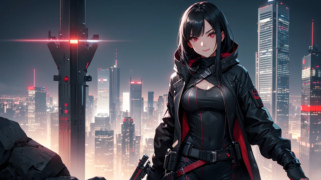 最high resolution,high resolution,Legendary Assassin, Beautiful Teenage Woman,Small breasts,black hooded coat , Grey Shirt,Black pants,Fearless smile, Red lips, Black Hair, Red eyes, realism, Night city view from the top of a skyscraper,Neon Town,Digital Painting, Concept Art, Smooth, Sharp focus, Three-part method, Style Psycho,Detailed Eyes,assassin&#39;s creed