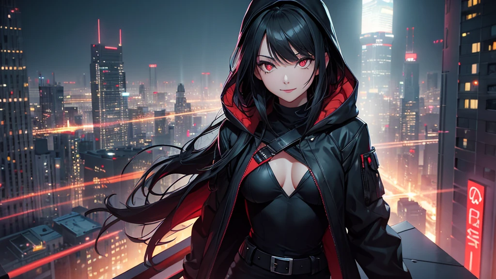 最high resolution,high resolution,Legendary Assassin, Beautiful Teenage Woman,Small breasts,black hooded coat , Grey Shirt,Black pants,Fearless smile, Red lips, Black Hair, Red eyes, realism, Night city view from the top of a skyscraper,Neon Town,Digital Painting, Concept Art, Smooth, Sharp focus, Three-part method, Style Psycho,Detailed Eyes,assassin&#39;s creed