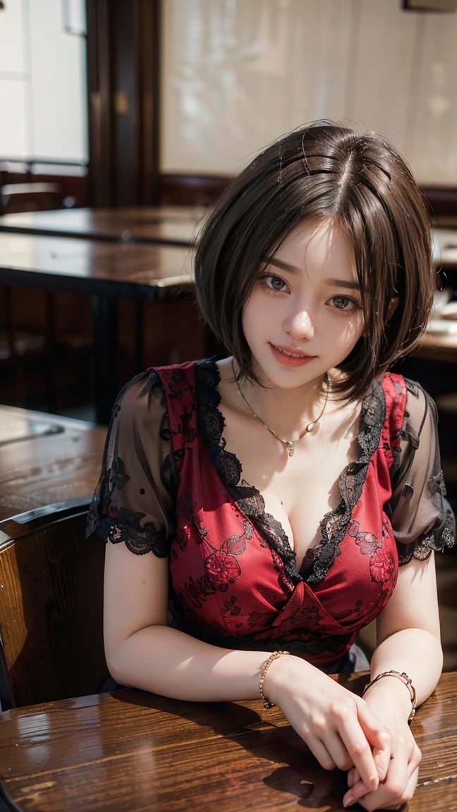 (Masterpiece, BestQuality:1.3), (ultra detailed:1.2), (hyperrealistic:1.3), (RAW photo:1.2),High detail RAW color photo, professional photograph, (Photorealistic:1.4), (realistic:1.4), ,professional lighting, (japanese), beautiful face, (realistic face), cute woman, (Brown Hair, Big Tits:1.5), (cheerful Smile:1.5), Trending Hair&Trending Hairカラーをランダムに, earrings, necklace, bracelet, sexly, erotic sexly, Random sexy gravure poses, (Sexy woman in a red lace blouse、Inside the restaurant、Smiling face、Bobcut、Sitting at the table pose。:1.3)
